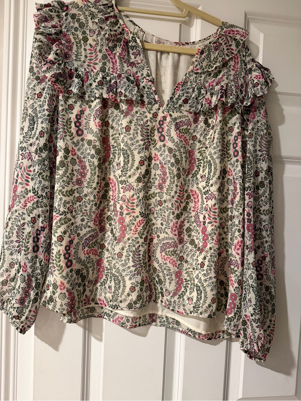 LOFT Cream Blouse with Pink and Green Floral Ruffle